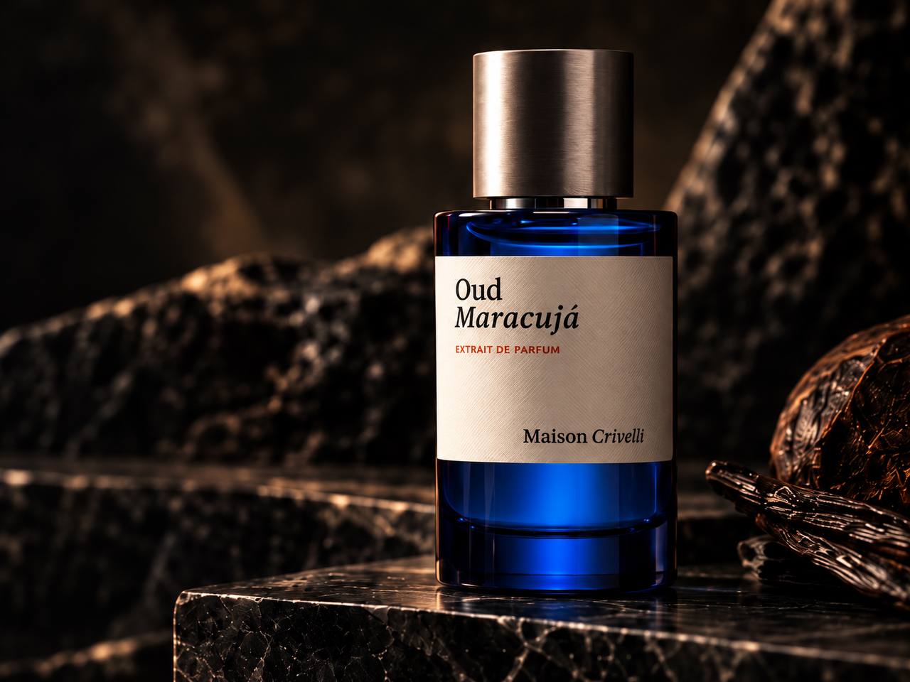 Frasco de perfume nicho sobre piedra oscura